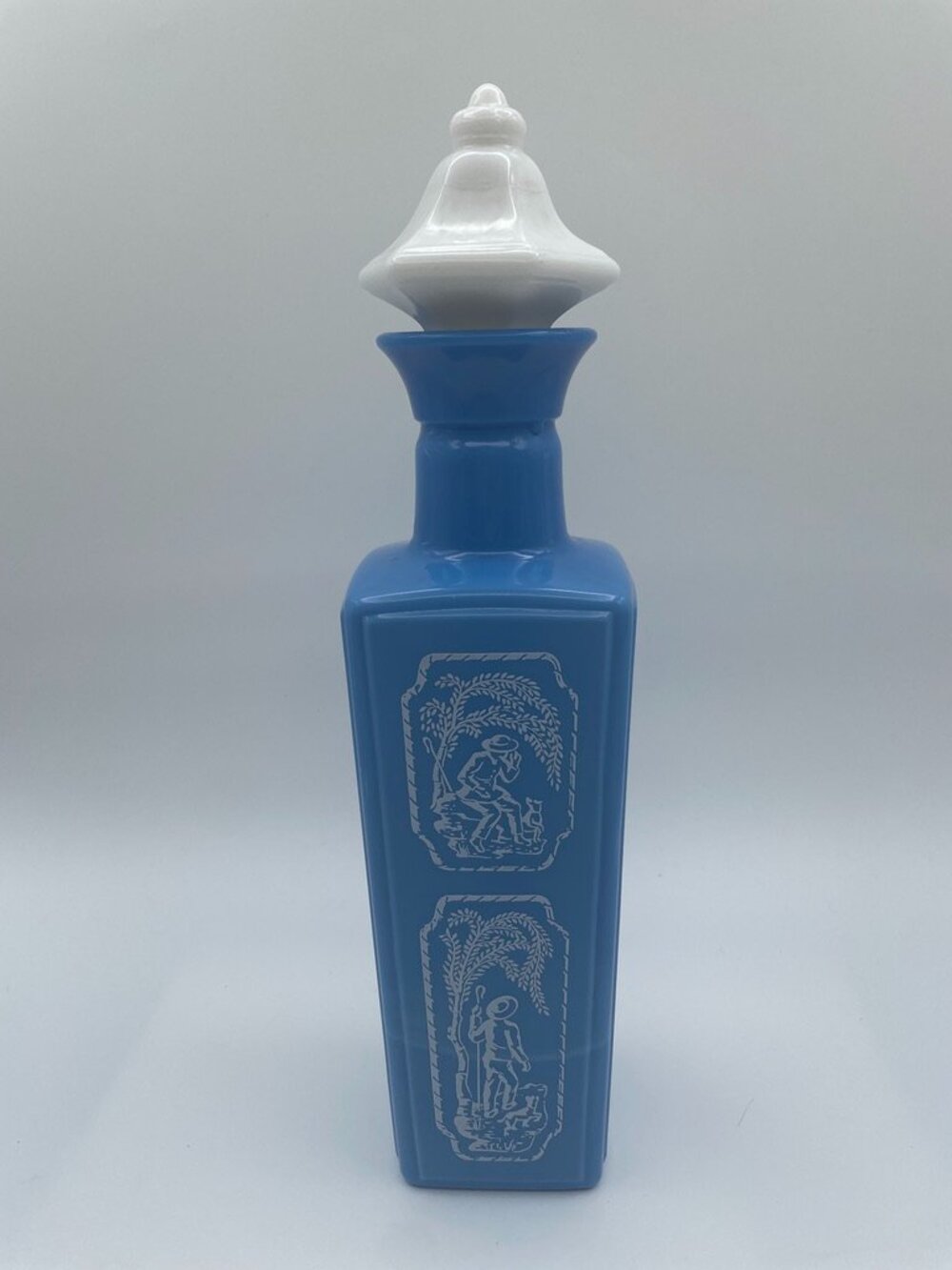 Vintage 1965 Jim Beam Blue Milk Glass Decanter with Stopper Shepherd And Dog